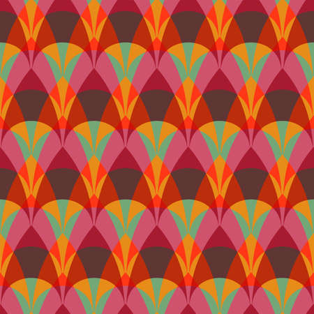 Geometric art deco colorful seamless pattern with waves. Abstract vector triangle curves. Artistic illustration for fabric design, wallpaper, decorative paper, web design, background.のイラスト素材