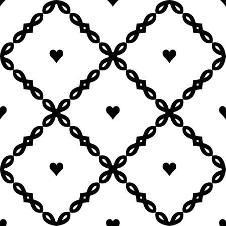 Geometric black and white seamless pattern with hearts and rhombs. Abstract vector diamond net. Artistic illustration for fabric design, wallpaper, decorative paper, web design, templates, collages.のイラスト素材