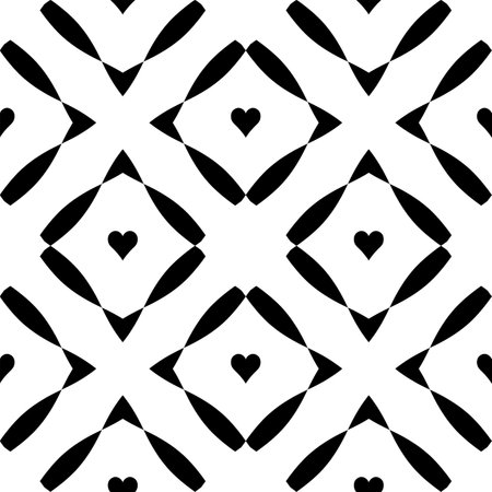 Geometric black and white seamless pattern with hearts and rhombs. Abstract vector diamond net. Artistic illustration for fabric design, wallpaper, decorative paper, web design, templates, collages.のイラスト素材