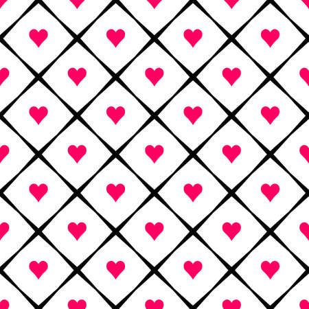 Geometric seamless pattern with hearts and rhombs. Abstract vector diamond net. Romantic artistic illustration for fabric design, wallpaper, decorative paper, web design, templates, collages.のイラスト素材