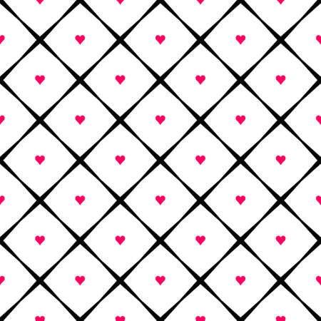 Geometric seamless pattern with hearts and rhombs. Abstract vector diamond net. Romantic artistic illustration for fabric design, wallpaper, decorative paper, web design, templates, collages.のイラスト素材