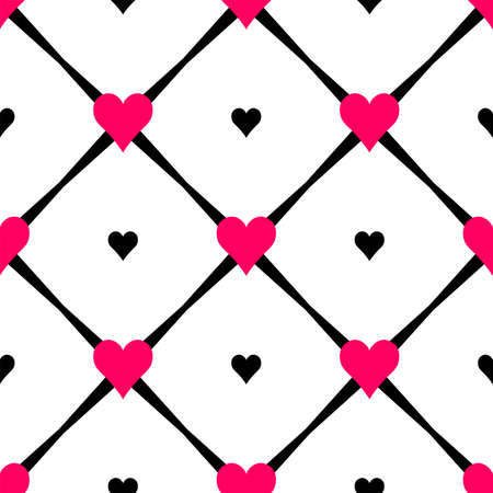 Geometric seamless pattern with hearts and rhombs. Abstract vector diamond net. Romantic artistic illustration for fabric design, wallpaper, decorative paper, web design, templates, collages.のイラスト素材