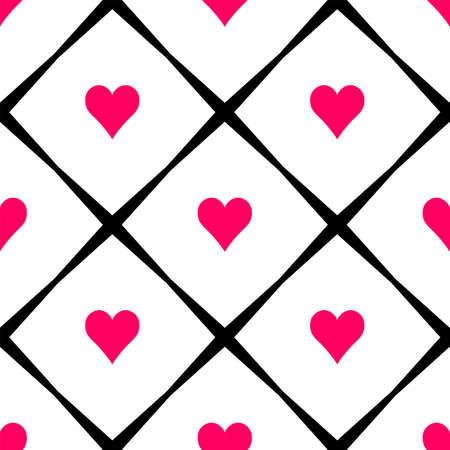 Geometric seamless pattern with hearts and rhombs. Abstract vector diamond net. Romantic artistic illustration for fabric design, wallpaper, decorative paper, web design, templates, collages.のイラスト素材