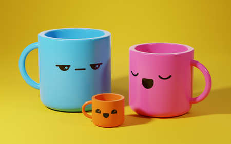 Blue cup, pink cup, orange cup with yellow background