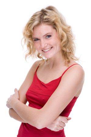 Full isolated portrait of a beautiful caucasian woman in redの写真素材