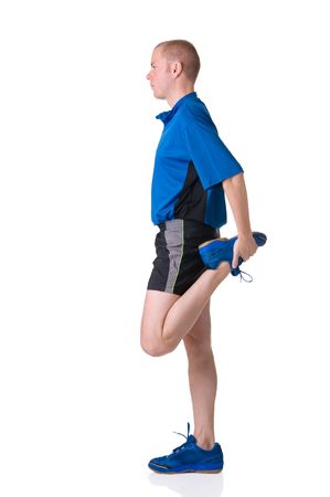 Full isolated picture of a caucasian man stretching the musclesの写真素材