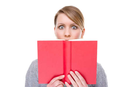 Full isolated portrait of a   caucasian woman with a red book