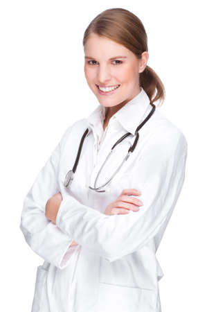 Full isolated portrait of a beautiful caucasian doctorの写真素材