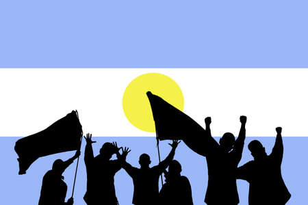 Silhouette from some sport fans in front of the flag from argentinaの写真素材