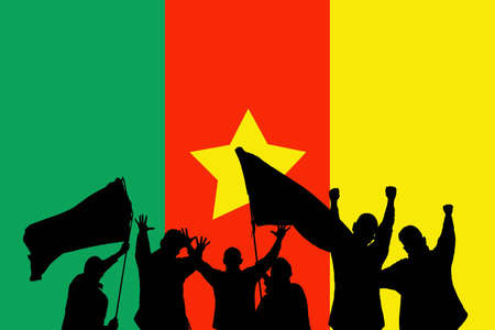 Silhouette from some sport fans in front of the flag from Cameroonの写真素材
