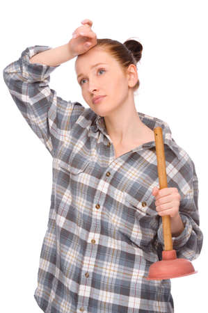 Full isolated studio picture from a young woman with plungerの写真素材