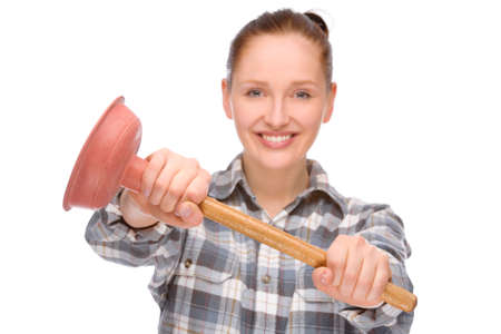 Full isolated studio picture from a young woman with plungerの写真素材