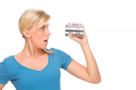 Full isolated portrait of a beautiful woman with tin phone