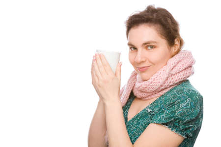 Full isolated portrait of a caucasian woman with a cupの写真素材