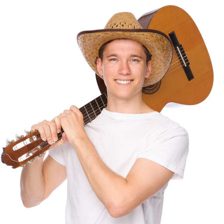 Full isolated studio picture from a young man with guitar
