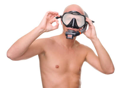 Full isolated studio portrait from a young man with diving outfitの写真素材