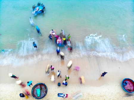 Nice beach with fish market in Quang Binh province central Vietnamの写真素材