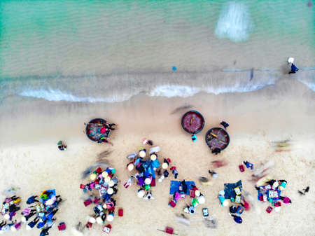 Nice beach with fish market in Quang Binh province central Vietnamの写真素材
