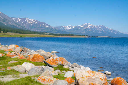 Nice Khovsgol lake with blue sky in Mongoliaの写真素材