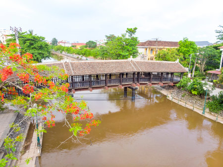 Nice ancient bridge with roof in Ninh Binh province northern Vietnamの写真素材