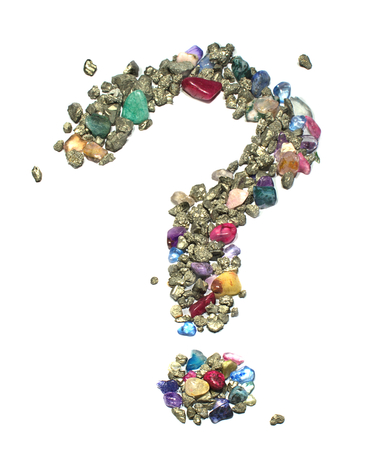 The question mark symbol made out of gems and gold / bronze colored metallic rocks (iron pyrite) on a white background. The symbol is bright and colorful, giving the impression of rocks scattered across a surface.の写真素材