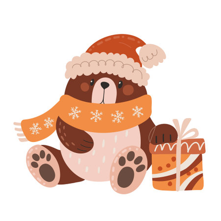 A cute flat design bear in a winter hat and scarf holding a Christmas gift. Perfect for holiday illustrations, greeting cards, and festive branding. Simple 2D vector illustration with festive colors.のイラスト素材