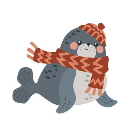 A cute flat design seal wearing a winter hat and scarf. Perfect for Christmas illustrations, holiday greetings, and winter animal themes. Simple 2D vector illustration in cool colors.のイラスト素材