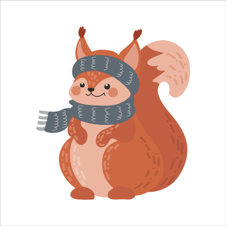 A charming squirrel in a cozy gray scarf. Perfect for winter themed designs, nursery decor, and festive greetings. Adorable animal vector illustration.のイラスト素材