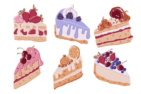 Flat vector set of six delicious cake slices with fruits, cream and diverse layers. Perfect for...