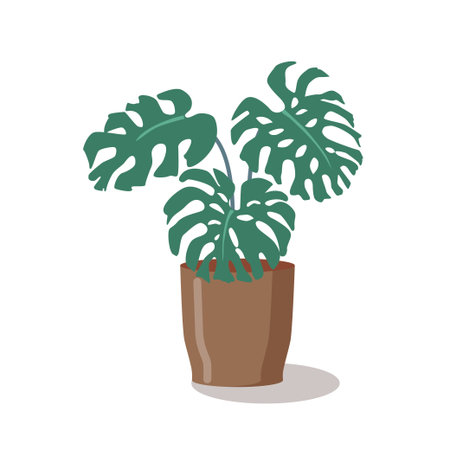 Stylish flat-design monstera in a modern geometric pot. Bold tropical leaves with clean lines and sharp contours. Perfect for interiors, branding, or botanical projects. Scalable vectorのイラスト素材