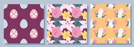 A set of three  companion patterns for Easter. Features cute bunnies, decorated eggs, and spring flowers in a coordinated flat design. Perfect for creating cohesive holiday branding, textiles, packaging, and digital backgrounds.のイラスト素材