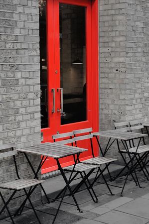 Street cafe in the style of the 60's with the Soho, Londonの写真素材