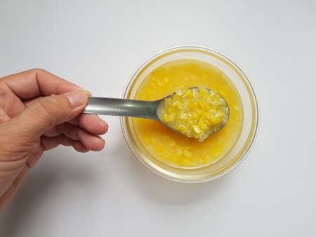 sweet corn soup made by mung bean, corn slices, sticky rice.