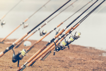 Fishing rod and lake, Vintage colorの写真素材