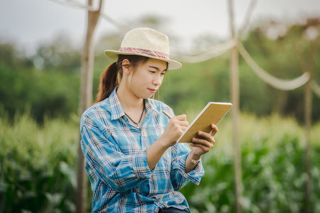 farmer asian women take notes with a pen on a notebook in agriculture garden.の写真素材