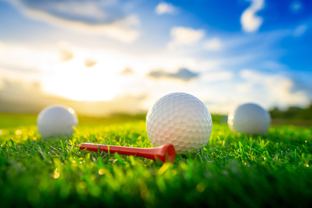 close up the golf ball and red tee pegs on the green background with sunsetの写真素材