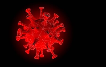 Red Coronavirus (COVID-19) with wireframe polygon outline mesh style on dark background, 3d render...