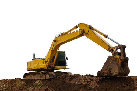Backhoe working on pile soil isolated on white background with clipping pathの写真素材