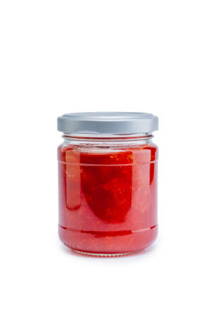 Strawberry jam jar mockup isolated on white background with clipping pathの写真素材