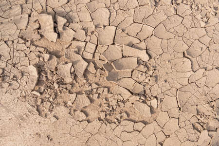 Dry soil ground cracks background texture in drought, Top viewの写真素材