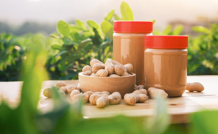 close-up of dried peanuts in wooden bowl and peanut butter bottle on table with green peanut plantation backgroundの写真素材