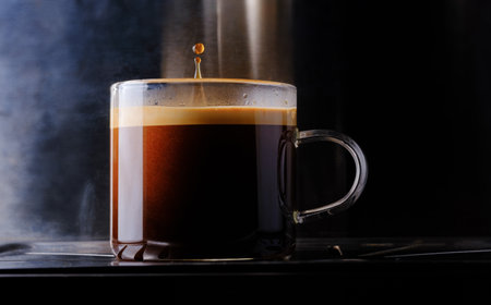 glass cup of espresso hot coffee with water coffee drop on dark backgroundの写真素材