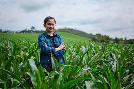 one Asia young girl farmer standing crossed arms on green corn field in rural area of thailand, agriculture and cultivation conceptsの写真素材
