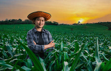 one Asia young girl farmer standing crossed arms on green corn field in rural area of thailand in...