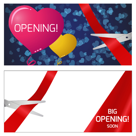 Vector illustration of the opening. Red and yellow balloons. scissors and red ribbon.のイラスト素材