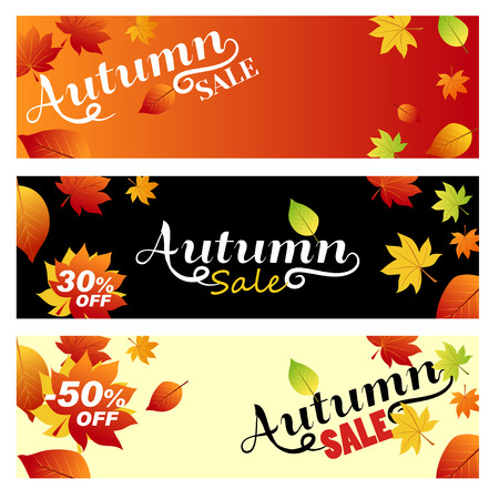 Set horizontal Autumn banners. Set sale autumn. Bright banners on light, orange and black backgrounds. Vector illustrations for social media banners, posters, email designs, ads, promotional material.のイラスト素材