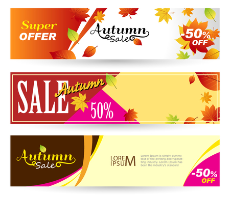 Bright banners on light, orange and yellow backgrounds. Set horizontal Autumn banners. Autumn Sale 50 off. Vector illustrations for flyers, banners, posters, email designs, ads, promotional material.のイラスト素材