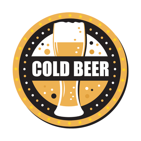 Round sticker with a glass of beer and bubbles. One glass with cold beer. Vector illustration glass. Flat style.のイラスト素材