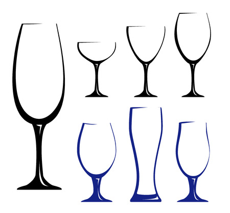 Different glass for wine, juice or beer. Black hand drawn  silhouettes of glasses. Vector illustration of glasses of water. Symbol glass flat style.のイラスト素材