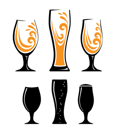 Three color different glass of orange juice. Three silhouettes of beer glasses. Vector illustration of glasses of water. Symbol glass flat style.のイラスト素材